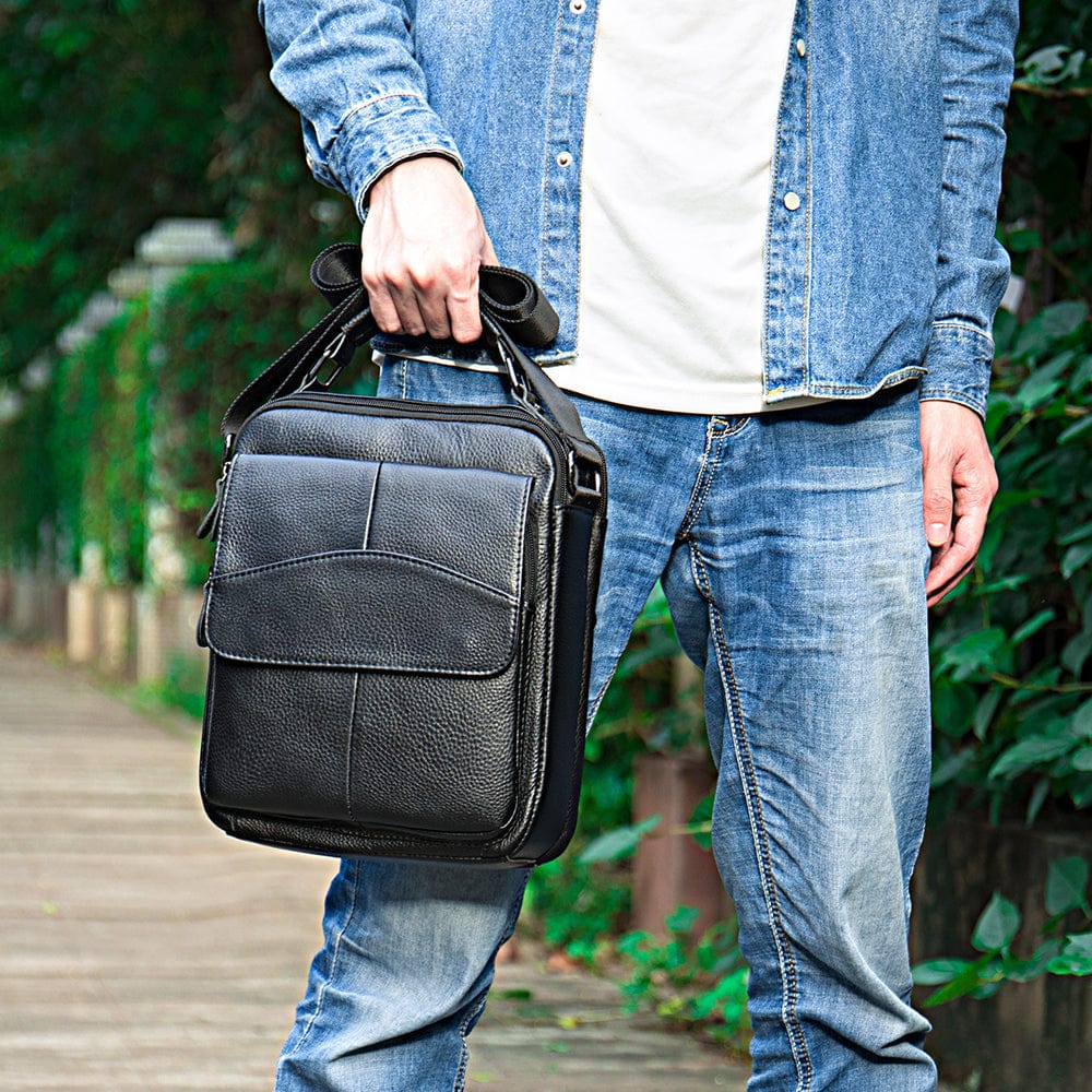Genuine Leather Deluxe Large Side Bag 601 - Black