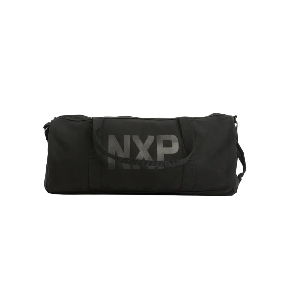 Black duffel bag with 'NXP' branding on a light gray background
