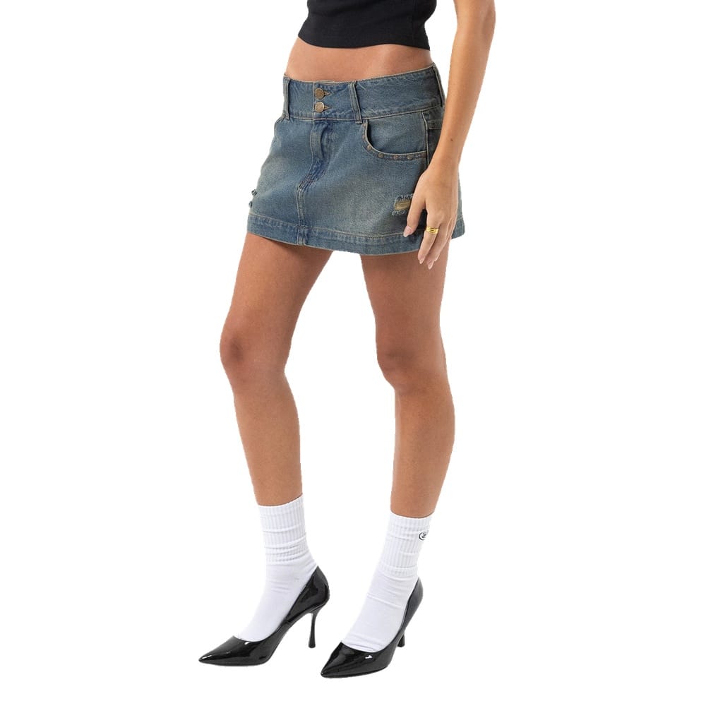 Von Dutch Studs Distressed Micro Mini Skirt - Dirty Light Blue