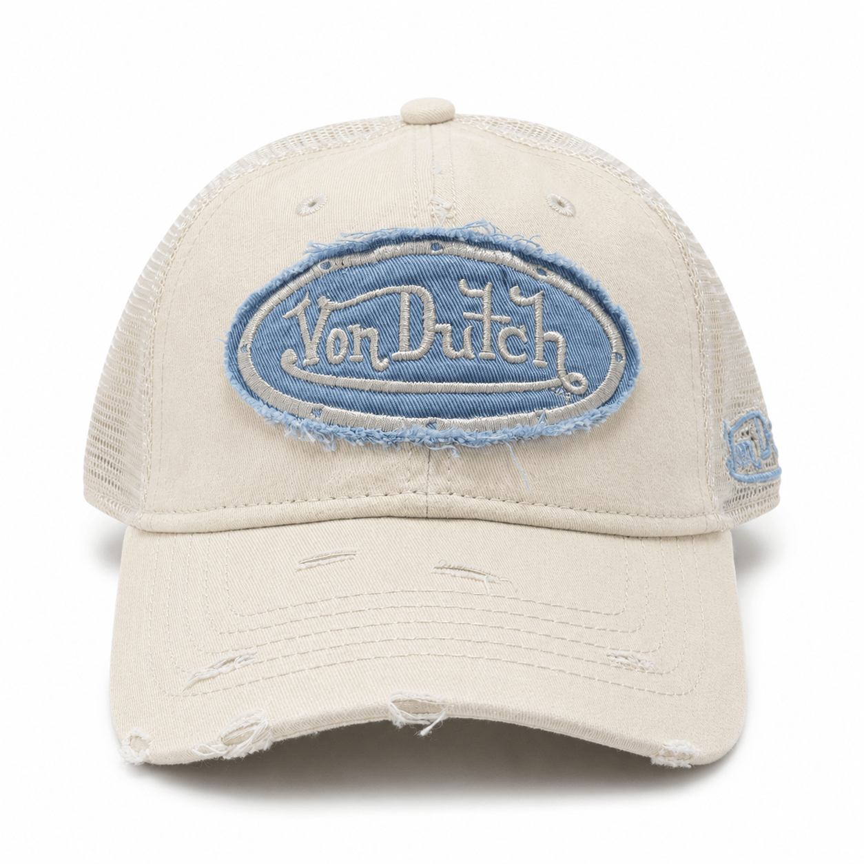 Von Dutch Distressed Trucker Cap - Ecru / Light Blue